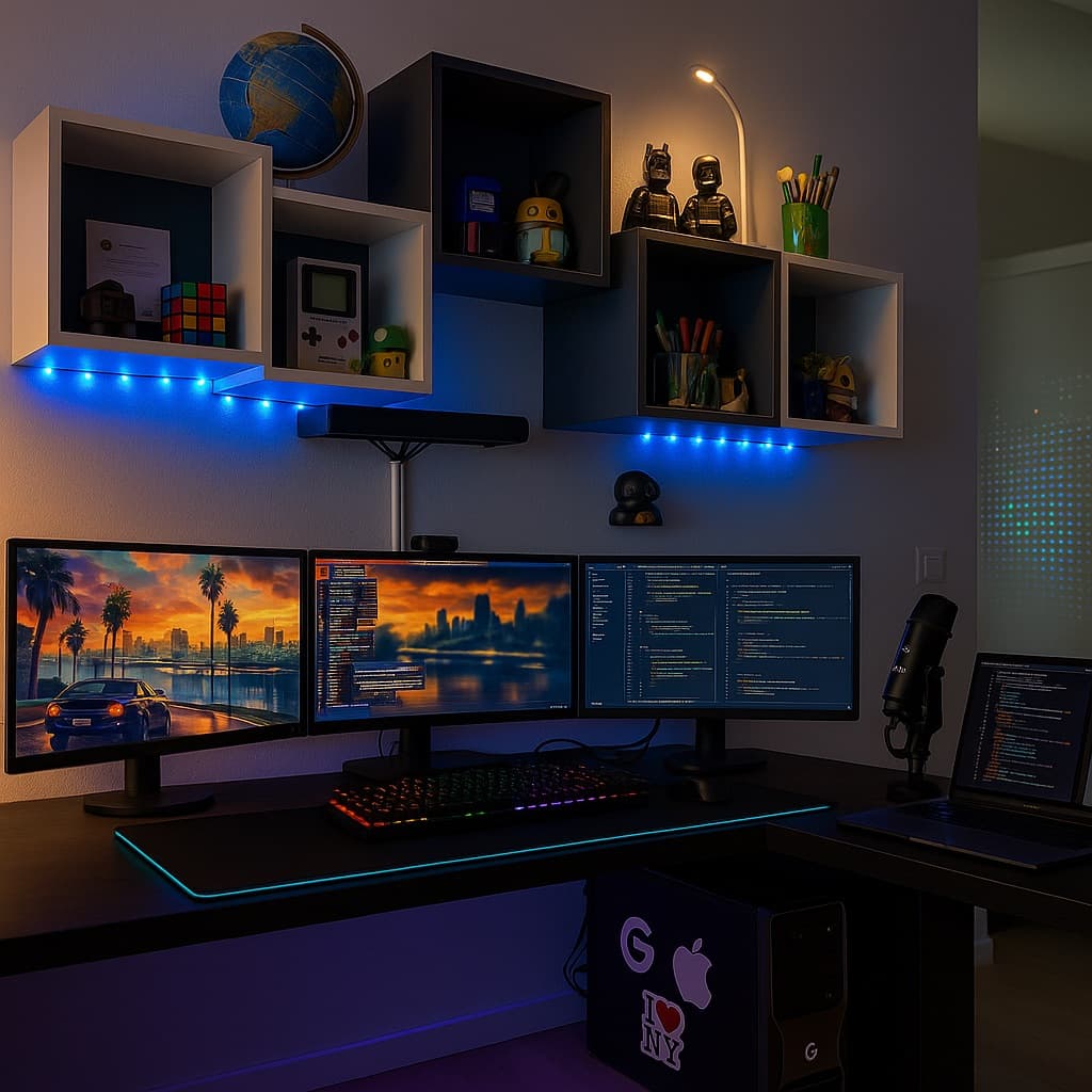Modern developer desk setup with multiple monitors